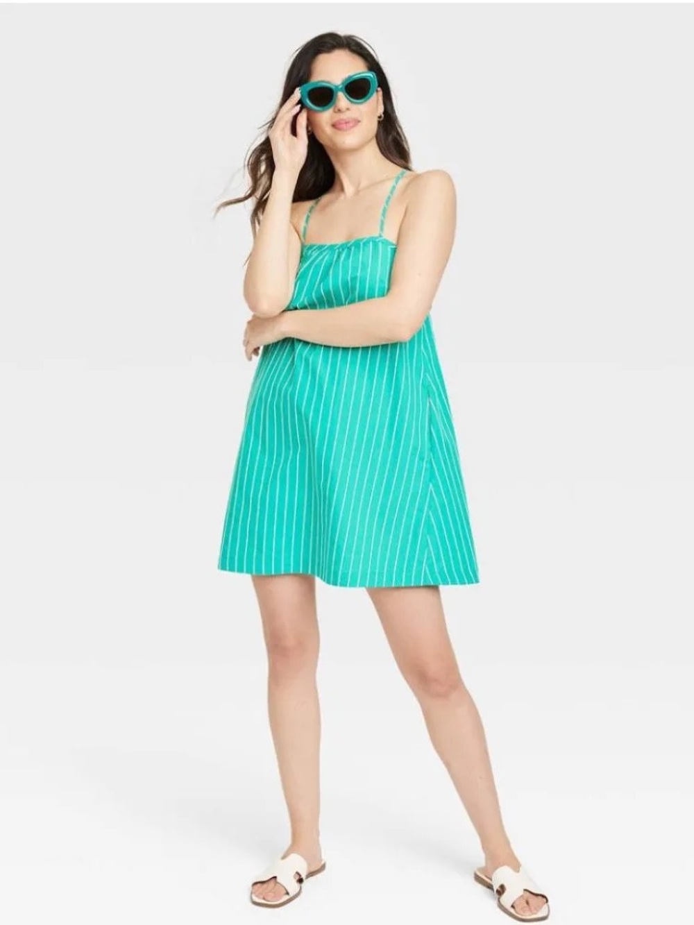 Small green 100% cotton summer dress easy striped sundress adjustable tie back